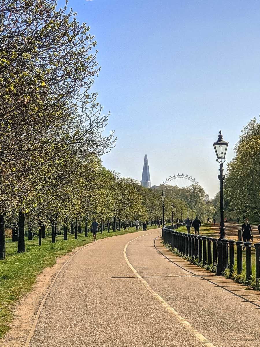 View of the London Eye and The Shard in Hyde Park, London