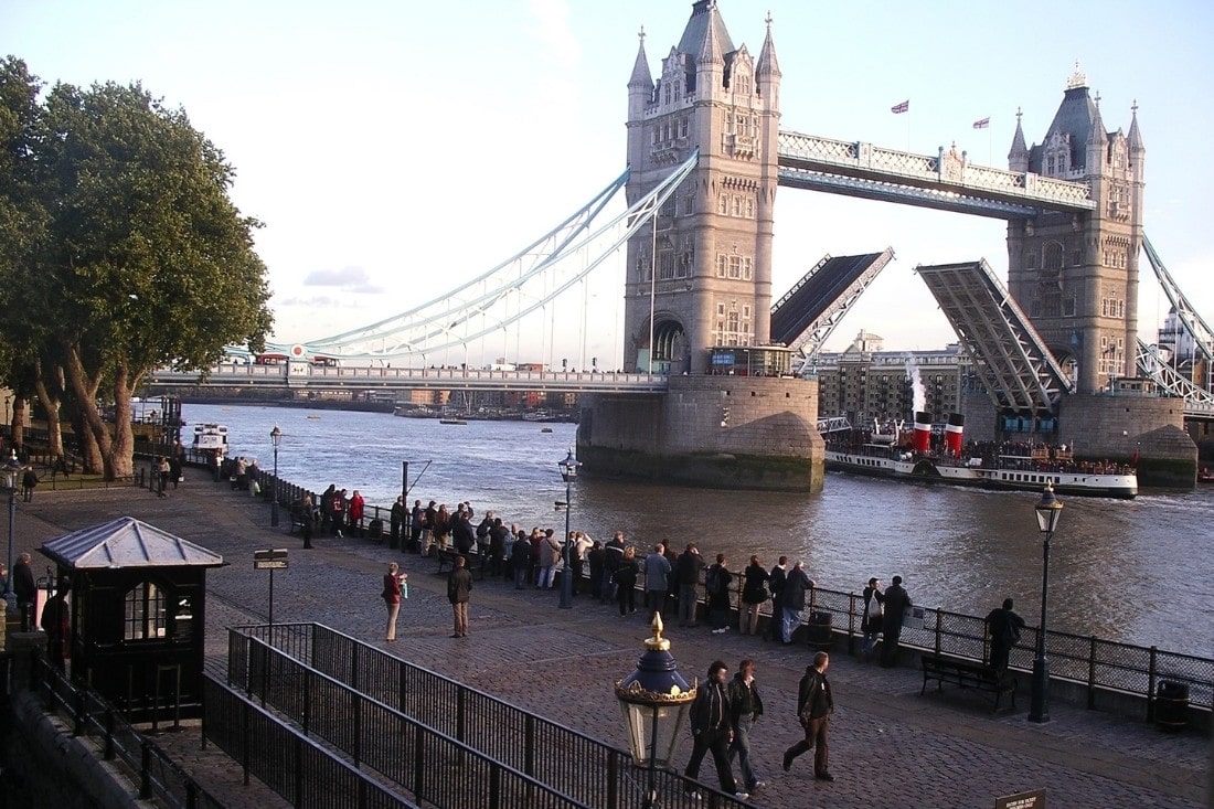 A big ship passing through Tower Bridge