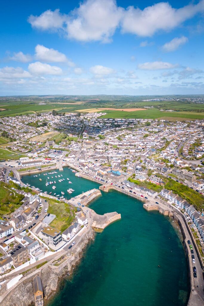 aerial views overlooking porthleven harbour cornwall